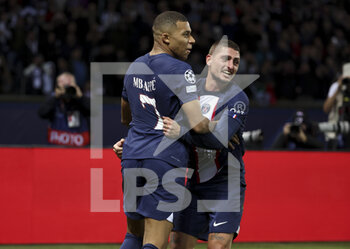 2022-10-11 - Kylian Mbappe of PSG celebrates his goal with Marco Verratti of PSG during the UEFA Champions League, Group H football match between Paris Saint-Germain and SL Benfica (Lisbon) on October 11, 2022 at Parc des Princes stadium in Paris, France - FOOTBALL - CHAMPIONS LEAGUE - PARIS SG V BENFICA - UEFA CHAMPIONS LEAGUE - SOCCER