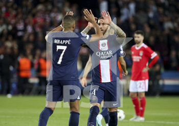 2022-10-11 - Kylian Mbappe of PSG celebrates his goal with Sergio Ramos of PSG during the UEFA Champions League, Group H football match between Paris Saint-Germain and SL Benfica (Lisbon) on October 11, 2022 at Parc des Princes stadium in Paris, France - FOOTBALL - CHAMPIONS LEAGUE - PARIS SG V BENFICA - UEFA CHAMPIONS LEAGUE - SOCCER