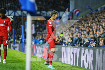 2022-10-12 - Roberto Firmino of Liverpool celebrates his goal 1-2 during the UEFA Champions League, Group A football match between Rangers and Liverpool on October 12, 2022 at Ibrox stadium in Glasgow, Scotland - FOOTBALL - CHAMPIONS LEAGUE - RANGERS V LIVERPOOL - UEFA CHAMPIONS LEAGUE - SOCCER
