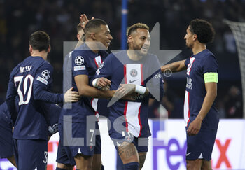 2022-10-25 - Kylian Mbappe, Neymar Jr of PSG celebrate the goal of Lionel Messi of PSG during the UEFA Champions League, Group H football match between Paris Saint-Germain (PSG) and Maccabi Haifa on October 25, 2022 at Parc des Princes stadium in Paris, France - FOOTBALL - CHAMPIONS LEAGUE - PARIS SG V MACCABI HAIFA - UEFA CHAMPIONS LEAGUE - SOCCER