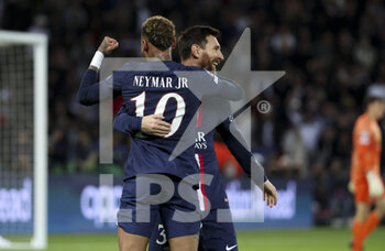 2022-10-25 - Neymar Jr of PSG celebrates his goal with Lionel Messi of PSG during the UEFA Champions League, Group H football match between Paris Saint-Germain (PSG) and Maccabi Haifa on October 25, 2022 at Parc des Princes stadium in Paris, France - FOOTBALL - CHAMPIONS LEAGUE - PARIS SG V MACCABI HAIFA - UEFA CHAMPIONS LEAGUE - SOCCER