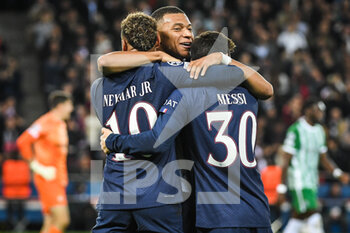 2022-10-25 - NEYMAR JR of PSG celebrate his goal with Kylian MBAPPE of PSG and Lionel (Leo) MESSI of PSG during the UEFA Champions League, Group H football match between Paris Saint-Germain and Maccabi Haifa on October 25, 2022 at Parc des Princes stadium in Paris, France - FOOTBALL - CHAMPIONS LEAGUE - PARIS SG V MACCABI HAIFA - UEFA CHAMPIONS LEAGUE - SOCCER