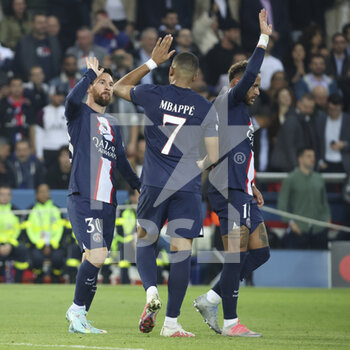 2022-10-25 - Lionel Messi of PSG celebrates his goal with Kylian Mbappe, Neymar Jr of PSG during the UEFA Champions League, Group H football match between Paris Saint-Germain (PSG) and Maccabi Haifa on October 25, 2022 at Parc des Princes stadium in Paris, France - FOOTBALL - CHAMPIONS LEAGUE - PARIS SG V MACCABI HAIFA - UEFA CHAMPIONS LEAGUE - SOCCER