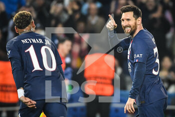2022-10-25 - Lionel (Leo) MESSI of PSG celebrate his goal with NEYMAR JR of PSG during the UEFA Champions League, Group H football match between Paris Saint-Germain and Maccabi Haifa on October 25, 2022 at Parc des Princes stadium in Paris, France - FOOTBALL - CHAMPIONS LEAGUE - PARIS SG V MACCABI HAIFA - UEFA CHAMPIONS LEAGUE - SOCCER