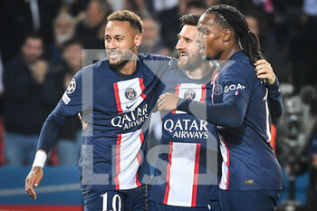 2022-10-25 - Lionel (Leo) MESSI of PSG celebrate his goal with NEYMAR JR of PSG and Renato SANCHES of PSG during the UEFA Champions League, Group H football match between Paris Saint-Germain and Maccabi Haifa on October 25, 2022 at Parc des Princes stadium in Paris, France - FOOTBALL - CHAMPIONS LEAGUE - PARIS SG V MACCABI HAIFA - UEFA CHAMPIONS LEAGUE - SOCCER