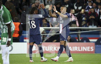 2022-10-25 - Kylian Mbappe of PSG celebrates his goal with Renato Sanches of PSG (left) during the UEFA Champions League, Group H football match between Paris Saint-Germain (PSG) and Maccabi Haifa on October 25, 2022 at Parc des Princes stadium in Paris, France - FOOTBALL - CHAMPIONS LEAGUE - PARIS SG V MACCABI HAIFA - UEFA CHAMPIONS LEAGUE - SOCCER