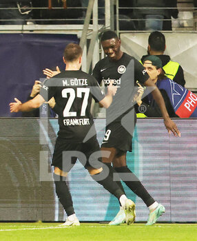 2022-10-26 - Randal Kolo Muani of Frankfurt celebrates his goal 2-1 with Mario Gotze during the UEFA Champions League, Group D football match between Eintracht Frankfurt and Olympique de Marseille on October 26, 2022 at Deutsche Bank Park in Frankfurt, Germany - FOOTBALL - CHAMPIONS LEAGUE - FRANKFURT V MARSEILLE - UEFA CHAMPIONS LEAGUE - SOCCER