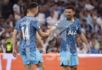 2022-11-01 - Clement Lenglet of Tottenham celebrates his goal with Ivan Perisic of Tottenham (left) during the UEFA Champions League, Group D football match between Olympique de Marseille (OM) and Tottenham Hotspur on November 1, 2022 at Velodrome stadium in Marseille, France - FOOTBALL - CHAMPIONS LEAGUE - MARSEILLE V TOTTENHAM - UEFA CHAMPIONS LEAGUE - SOCCER