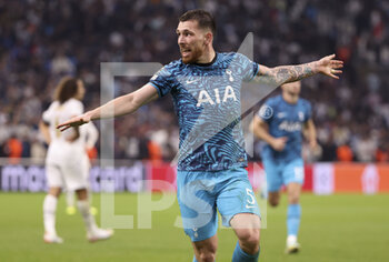 2022-11-01 - Pierre-Emile Hojbjerg of Tottenham celebrates his goal during the UEFA Champions League, Group D football match between Olympique de Marseille (OM) and Tottenham Hotspur on November 1, 2022 at Velodrome stadium in Marseille, France - FOOTBALL - CHAMPIONS LEAGUE - MARSEILLE V TOTTENHAM - UEFA CHAMPIONS LEAGUE - SOCCER
