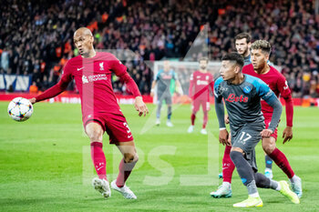 2022-11-01 - Napoli defender Mathias Olivera (17) and Fabinho, Roberto Firmino of Liverpool during the UEFA Champions League, Group A football match between Liverpool FC and SSC Napoli on November 1, 2022 at Anfield stadium in Liverpool, England - FOOTBALL - CHAMPIONS LEAGUE - LIVERPOOL V NAPOLI - UEFA CHAMPIONS LEAGUE - SOCCER