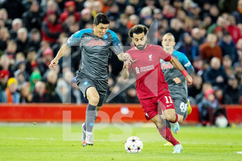 2022-11-01 - Napoli defender Kim Min-Jae (3) and Liverpool forward Mohamed Salah (11) during the UEFA Champions League, Group A football match between Liverpool FC and SSC Napoli on November 1, 2022 at Anfield stadium in Liverpool, England - FOOTBALL - CHAMPIONS LEAGUE - LIVERPOOL V NAPOLI - UEFA CHAMPIONS LEAGUE - SOCCER