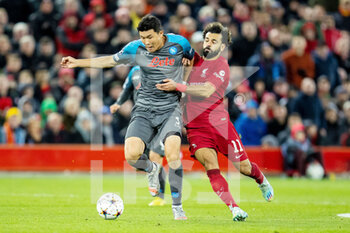 2022-11-01 - Napoli defender Kim Min-Jae (3) and Liverpool forward Mohamed Salah (11) during the UEFA Champions League, Group A football match between Liverpool FC and SSC Napoli on November 1, 2022 at Anfield stadium in Liverpool, England - FOOTBALL - CHAMPIONS LEAGUE - LIVERPOOL V NAPOLI - UEFA CHAMPIONS LEAGUE - SOCCER