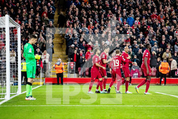 2022-11-01 - Liverpool forward Mohamed Salah (11) celebrates his goal 1-0 with team mates during the UEFA Champions League, Group A football match between Liverpool FC and SSC Napoli on November 1, 2022 at Anfield stadium in Liverpool, England - FOOTBALL - CHAMPIONS LEAGUE - LIVERPOOL V NAPOLI - UEFA CHAMPIONS LEAGUE - SOCCER