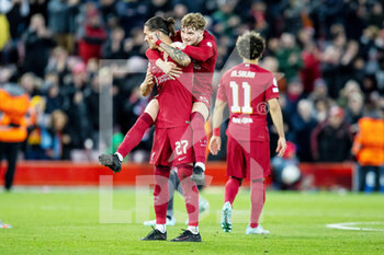 2022-11-01 - Liverpool forward Darwin Nunez (27) celebrates his goal 2-0 with Harvey Elliott during the UEFA Champions League, Group A football match between Liverpool FC and SSC Napoli on November 1, 2022 at Anfield stadium in Liverpool, England - FOOTBALL - CHAMPIONS LEAGUE - LIVERPOOL V NAPOLI - UEFA CHAMPIONS LEAGUE - SOCCER