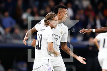 2022-11-02 - Luka Modric of Real Madrid celebrates a goal 1-0 with Eder Militao during the UEFA Champions League, Group F football match between Real Madrid and Celtic FC on November 2, 2022 at Santiago Bernabeu stadium in Madrid, Spain - FOOTBALL - CHAMPIONS LEAGUE - REAL MADRID V CELTIC - UEFA CHAMPIONS LEAGUE - SOCCER