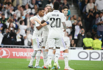 2022-11-02 - Rodrygo of Real Madrid celebrates a goal with teammates during the UEFA Champions League, Group F football match between Real Madrid CF and Celtic FC on November 2, 2022 at Santiago Bernabeu stadium in Madrid, Spain - FOOTBALL - CHAMPIONS LEAGUE - REAL MADRID V CELTIC - UEFA CHAMPIONS LEAGUE - SOCCER