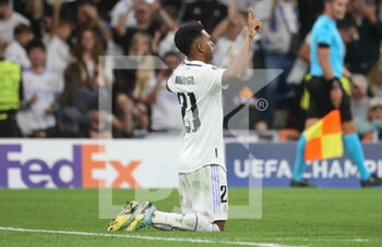 2022-11-02 - Rodrygo of Real Madrid celebrates a goal during the UEFA Champions League, Group F football match between Real Madrid CF and Celtic FC on November 2, 2022 at Santiago Bernabeu stadium in Madrid, Spain - FOOTBALL - CHAMPIONS LEAGUE - REAL MADRID V CELTIC - UEFA CHAMPIONS LEAGUE - SOCCER