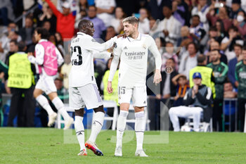 2022-11-02 - Federico Valverde of Real Madrid celebrates a goal 5-0 with Ferland Mendy during the UEFA Champions League, Group F football match between Real Madrid and Celtic FC on November 2, 2022 at Santiago Bernabeu stadium in Madrid, Spain - FOOTBALL - CHAMPIONS LEAGUE - REAL MADRID V CELTIC - UEFA CHAMPIONS LEAGUE - SOCCER