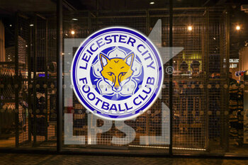 2022-02-17 - The Leicester City logo illuminated at the club shop before the UEFA Europa Conference League, Play-off, 1st leg football match between Leicester City and Randers FC on February 17, 2022 at the King Power Stadium in Leicester, England - LEICESTER CITY VS RANDERS FC - UEFA CONFERENCE LEAGUE - SOCCER