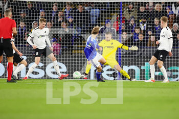 2022-02-17 - Randers goalkeeper Patrik Carlgren (1) saves with his foot from Leicester City Midfielder Kiernan Dewsbury-Hall (22) during the UEFA Europa Conference League, Play-off, 1st leg football match between Leicester City and Randers FC on February 17, 2022 at the King Power Stadium in Leicester, England - LEICESTER CITY VS RANDERS FC - UEFA CONFERENCE LEAGUE - SOCCER