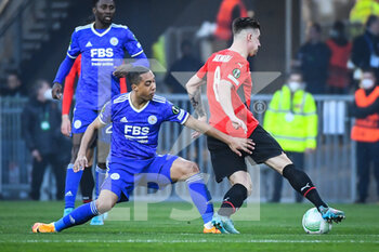 2022-03-17 - Youri TIELEMANS of Leicester City and Baptiste SANTAMARIA of Rennes during the UEFA Conference League, Round of 16, 2nd leg football match between Stade Rennais (Rennes) and Leicester City on March 17, 2022 at Roazhon Park in Rennes, France - STADE RENNAIS (RENNES) VS LEICESTER CITY - UEFA CONFERENCE LEAGUE - SOCCER
