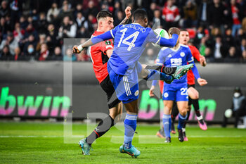 2022-03-17 - Baptiste SANTAMARIA of Rennes and Kelechi IHEANACHO of Leicester City during the UEFA Conference League, Round of 16, 2nd leg football match between Stade Rennais (Rennes) and Leicester City on March 17, 2022 at Roazhon Park in Rennes, France - STADE RENNAIS (RENNES) VS LEICESTER CITY - UEFA CONFERENCE LEAGUE - SOCCER
