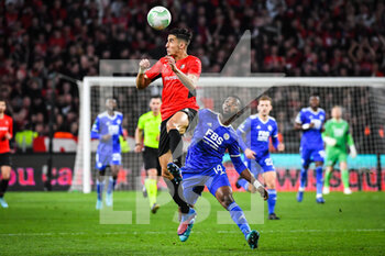2022-03-17 - Nayef AGUERD of Rennes and Kelechi IHEANACHO of Leicester City during the UEFA Conference League, Round of 16, 2nd leg football match between Stade Rennais (Rennes) and Leicester City on March 17, 2022 at Roazhon Park in Rennes, France - STADE RENNAIS (RENNES) VS LEICESTER CITY - UEFA CONFERENCE LEAGUE - SOCCER