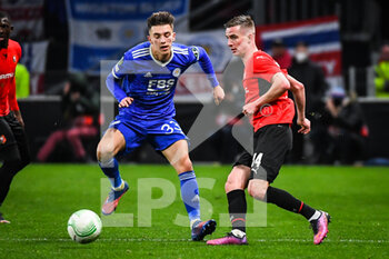 2022-03-17 - Luke THOMAS of Leicester City and Benjamin BOURIGEAUD of Rennes during the UEFA Conference League, Round of 16, 2nd leg football match between Stade Rennais (Rennes) and Leicester City on March 17, 2022 at Roazhon Park in Rennes, France - STADE RENNAIS (RENNES) VS LEICESTER CITY - UEFA CONFERENCE LEAGUE - SOCCER
