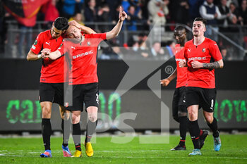 2022-03-17 - Flavien TAIT of Rennes celebrate his goal with Nayef AGUERD of Rennes and Baptiste SANTAMARIA of Rennes during the UEFA Conference League, Round of 16, 2nd leg football match between Stade Rennais (Rennes) and Leicester City on March 17, 2022 at Roazhon Park in Rennes, France - STADE RENNAIS (RENNES) VS LEICESTER CITY - UEFA CONFERENCE LEAGUE - SOCCER