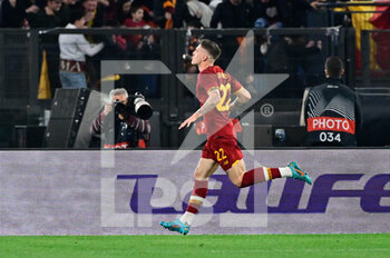 2022-04-14 - Nicolo' Zaniolo (AS Roma) celebrates after scoring the goal 2-0 during the UEFA Europa Conference League football match between AS Roma and FK Bodo/Glimt at The Olympic Stadium in Rome on April 14, 2022. - AS ROMA VS FK BODO/GLIMT - UEFA CONFERENCE LEAGUE - SOCCER