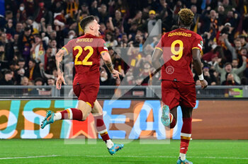 2022-04-14 - Nicolo' Zaniolo (AS Roma) celebrates after scoring the goal 4-0 during the UEFA Europa Conference League football match between AS Roma and FK Bodo/Glimt at The Olympic Stadium in Rome on April 14, 2022. - AS ROMA VS FK BODO/GLIMT - UEFA CONFERENCE LEAGUE - SOCCER