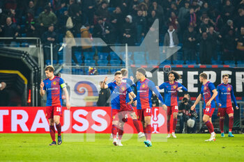 2022-03-17 - BASEL, SWITZERLAND - MARCH 17: Dan Ndoye of Basel (R) celebrating the opening goal with his teammatesl during the UEFA Conference League Round of 16 Leg Two match between FC Basel and Olympique Marseille at  on March 17, 2022 in Basel, Switzerland. - FC BASEL AND OLYMPIQUE MARSEILLE - UEFA CONFERENCE LEAGUE - SOCCER