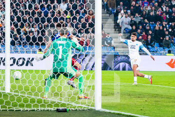 2022-03-17 - BASEL, SWITZERLAND - MARCH 17: Cengiz Under of Marseille (R) scores his goal during the UEFA Conference League Round of 16 Leg Two match between FC Basel and Olympique Marseille at  on March 17, 2022 in Basel, Switzerland. - FC BASEL AND OLYMPIQUE MARSEILLE - UEFA CONFERENCE LEAGUE - SOCCER