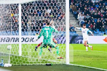 2022-03-17 - BASEL, SWITZERLAND - MARCH 17: Cengiz Under of Marseille (R) scores his goal during the UEFA Conference League Round of 16 Leg Two match between FC Basel and Olympique Marseille at  on March 17, 2022 in Basel, Switzerland. - FC BASEL AND OLYMPIQUE MARSEILLE - UEFA CONFERENCE LEAGUE - SOCCER