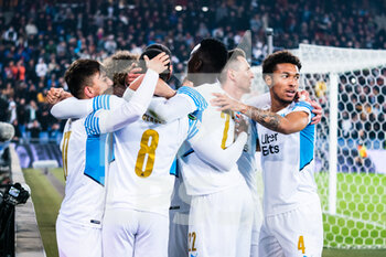 2022-03-17 - BASEL, SWITZERLAND - MARCH 17: Cengiz Under of Marseille (L) celebrating the opening goal with his teammates during the UEFA Conference League Round of 16 Leg Two match between FC Basel and Olympique Marseille at  on March 17, 2022 in Basel, Switzerland. - FC BASEL AND OLYMPIQUE MARSEILLE - UEFA CONFERENCE LEAGUE - SOCCER