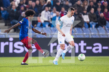 2022-03-17 - BASEL, SWITZERLAND - MARCH 17: Arkadiusz Milik of Marseille (R) against Tomás Tavares of Basel (L) during the UEFA Conference League Round of 16 Leg Two match between FC Basel and Olympique Marseille at  on March 17, 2022 in Basel, Switzerland. - FC BASEL AND OLYMPIQUE MARSEILLE - UEFA CONFERENCE LEAGUE - SOCCER