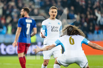 2022-03-17 - BASEL, SWITZERLAND - MARCH 17: Valentin Rongier of Marseille (L) celebrating his goal with his teammates his goal during the UEFA Conference League Round of 16 Leg Two match between FC Basel and Olympique Marseille at  on March 17, 2022 in Basel, Switzerland. - FC BASEL AND OLYMPIQUE MARSEILLE - UEFA CONFERENCE LEAGUE - SOCCER