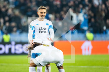 2022-03-17 - BASEL, SWITZERLAND - MARCH 17: Valentin Rongier of Marseille celebrating his goal with his teammates his goal during the UEFA Conference League Round of 16 Leg Two match between FC Basel and Olympique Marseille at  on March 17, 2022 in Basel, Switzerland. - FC BASEL AND OLYMPIQUE MARSEILLE - UEFA CONFERENCE LEAGUE - SOCCER