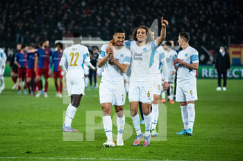 2022-03-17 - BASEL, SWITZERLAND - MARCH 17: Matteo Guendouzi of Marseille (R) celebrates with his teammates after winning the UEFA Conference League Round of 16 Leg Two match between FC Basel and Olympique Marseille at  on March 17, 2022 in Basel, Switzerland. - FC BASEL AND OLYMPIQUE MARSEILLE - UEFA CONFERENCE LEAGUE - SOCCER