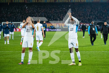2022-03-17 - BASEL, SWITZERLAND - MARCH 17: Marseille squad celebrates after winning the match during the UEFA Conference League Round of 16 Leg Two match between FC Basel and Olympique Marseille at  on March 17, 2022 in Basel, Switzerland. - FC BASEL AND OLYMPIQUE MARSEILLE - UEFA CONFERENCE LEAGUE - SOCCER