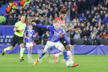 2022-04-07 - James Maddison (10) of Leicester City tussles with Ibrahim Sangare (6) of PSV Eindhoven during the UEFA Europa Conference League, Quarter-finals, 1st leg football match between Leicester City and PSV Eindhoven on April 7, 2022 at the King Power Stadium in Leicester, England - LEICESTER CITY VS PSV EINDHOVEN - UEFA CONFERENCE LEAGUE - SOCCER