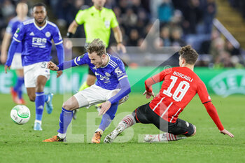 2022-04-07 - James Maddison (10) of Leicester City is fouled by Olivier Boscagli (18) of PSV Eindhoven during the UEFA Europa Conference League, Quarter-finals, 1st leg football match between Leicester City and PSV Eindhoven on April 7, 2022 at the King Power Stadium in Leicester, England - LEICESTER CITY VS PSV EINDHOVEN - UEFA CONFERENCE LEAGUE - SOCCER