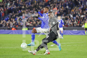 2022-04-07 - Patson Daka (29) of Leicester City tussles with Yvon Mvogo (38) of PSV Eindhoven during the UEFA Europa Conference League, Quarter-finals, 1st leg football match between Leicester City and PSV Eindhoven on April 7, 2022 at the King Power Stadium in Leicester, England - LEICESTER CITY VS PSV EINDHOVEN - UEFA CONFERENCE LEAGUE - SOCCER