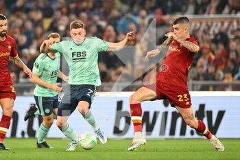 2022-05-05 - Harvey Barnes (Leicester City) Gianluca Mancini (AS Roma) during the UEFA Europa Conference League football match between AS Roma and Leicester City at The Olympic Stadium in Rome on May 05, 2022. - AS ROMA VS LEICESTER - UEFA CONFERENCE LEAGUE - SOCCER