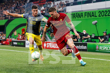 2022-05-25 - Marcos Senesi of Feyenoord challenges Nicolo Zaniolo of AS Roma during the UEFA Europa Conference League, Final football match between AS Roma and Feyenoord on May 25, 2022 at the National Arena in Tirana, Albania - FOOTBALL - CONFERENCE LEAGUE - FINAL - ROMA V FEYENOORD - UEFA CONFERENCE LEAGUE - SOCCER