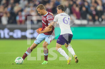 2022-10-13 - West Ham United midfielder Tomas Soucek (28) and Anderlecht midfielder Kristian Arnstad (61) during the UEFA Europa Conference League, Group B football match between West Ham United and RSC Anderlecht on October 13, 2022 at the London Stadium in London, England - FOOTBALL - CONFERENCE LEAGUE - WEST HAM V ANDERLECHT - UEFA CONFERENCE LEAGUE - SOCCER
