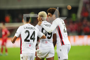 2022-11-03 - Gaetan Laborde of Nice celebrates his goal 0-1 with Mario Lemina, Jean-Clair Todibo during the UEFA Conference League, Group D football match between FC Koln and OGC Nice on November 3, 2022 at RheinEnergieStadion in Koln, Germany - FOOTBALL - CONFERENCE LEAGUE - KOLN V NICE - UEFA CONFERENCE LEAGUE - SOCCER