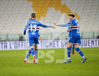 2022-01-18 - Andrea Conti of UC Sampdoria celebrating after a goal  during the Italian Cup, Coppa Italia, round of 16 football match between Juventus FC and UC Sampdoria on January 18, 2022 at Allianz Stadium in Turin, Italy - JUVENTUS FC VS UC SAMPDORIA - ITALIAN CUP - SOCCER
