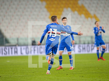 2022-01-18 - Andrea Conti of UC Sampdoria celebrating after a goal during the Italian Cup, Coppa Italia, round of 16 football match between Juventus FC and UC Sampdoria on January 18, 2022 at Allianz Stadium in Turin, Italy - JUVENTUS FC VS UC SAMPDORIA - ITALIAN CUP - SOCCER
