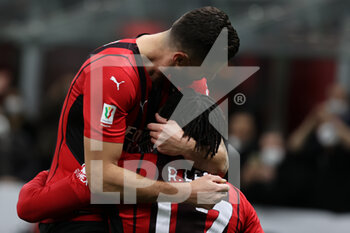 2022-02-09 - Rafael Leao of AC Milan celebrates after scoring a goal with Olivier Giroud of AC Milan during the Coppa Italia 2021/22 football match between AC Milan and SS Lazio at Giuseppe Meazza Stadium, Milan, Italy on February 09, 2022 - AC MILAN VS SS LAZIO - ITALIAN CUP - SOCCER